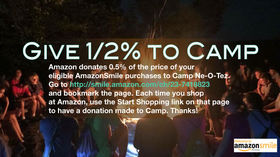 campers around campfire Amazon smile link to give 1/2% of purchase to Camp